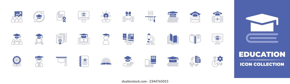 Education icon collection. Duotone style line stroke and bold. Vector illustration. Containing training, program, diploma, elearning, bio, energy, knowledge, equal, educational, and more.