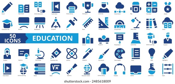 Bildung Symbol Kollektion Set. Enthält Bleistift, offenes Buch, online, Audio, Cloud-Archiv, Champion, Universitäts-Ikone. Einfache flache Vektorgrafik.