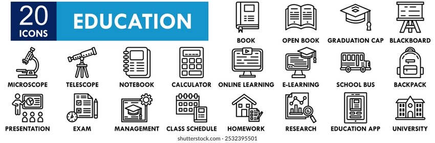 Education icon collection set. Containing design education, study, school, book, online, knowledge