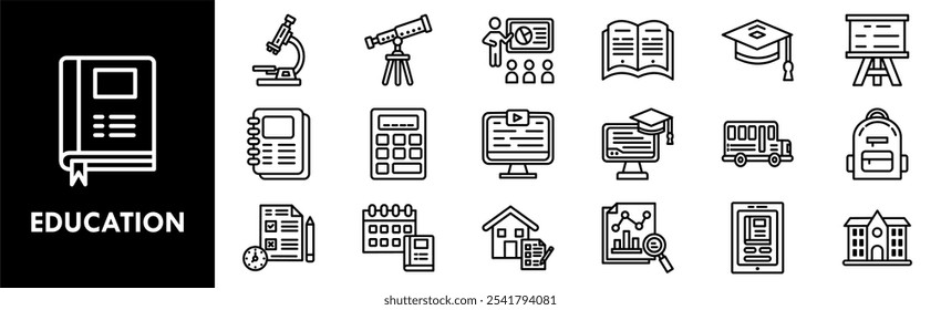 Conjunto de colección de íconos de Educación. Contiene educación de diseño, estudio, escuela, libro, en línea, conocimiento