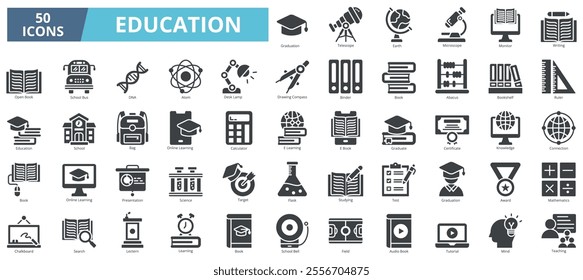 Education icon collection set. Containing graduation, telescope, earth, microscope, writing, book, school, e learning icon. Simple glyph vector