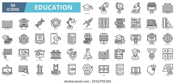 Education icon collection set. Containing graduation, telescope, earth, microscope, writing, book, school, e learning icon. Simple line vector