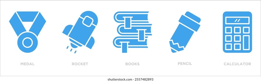 education icon collection set. Containing design medal,rocket,books,pencil,calculator