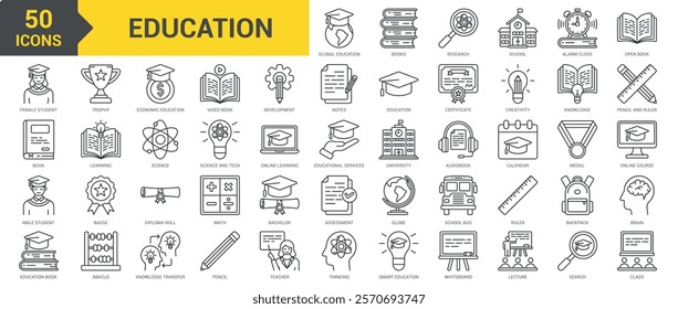 Education icon collection set. Containing school, alarm clock, open book, learning, science, science and tech, online learning, educational services, university, knowledge icon. Simple line vector