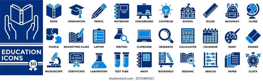 Education icon collection set. Containing  book, graduation cap, pencil, notebook, blackboard, school building, ruler, backpack and other icons. Simple flat vector illustrations.