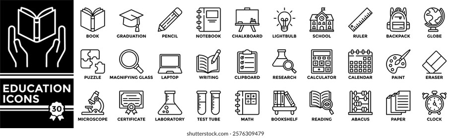 Education icon collection set. Containing  book, graduation cap, pencil, notebook, blackboard, school building, ruler, backpack and other icons. Simple line vector illustrations.