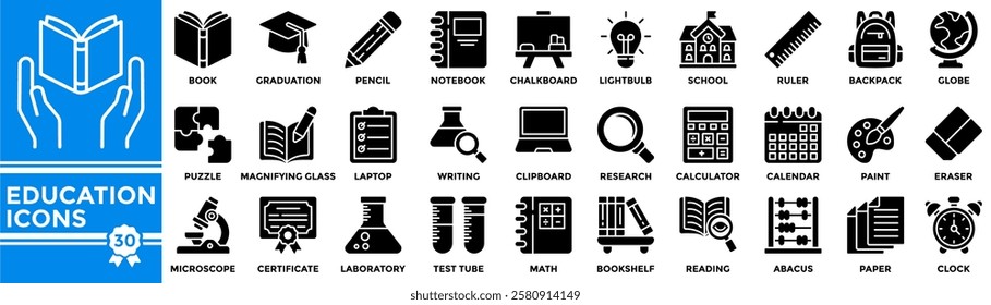 Education icon collection set. Containing book, graduation cap, pencil, notebook, blackboard, school building, ruler, backpack and other icons. Simple solid vector illustrations.