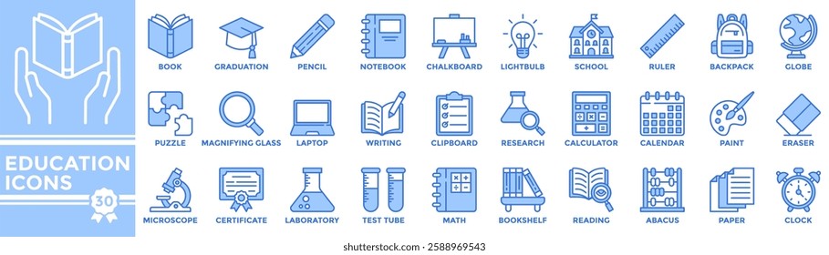 Education icon collection set. Containing book, graduation cap, pencil, notebook, blackboard, school building, ruler, backpack and other icons. Simple blue vector illustrations.	
