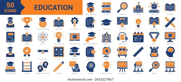Education icon collection set. Containing school, alarm clock, open book, learning, science, backpack, lecture, online course, educational services, university, knowledge icon. Simple flat vector
