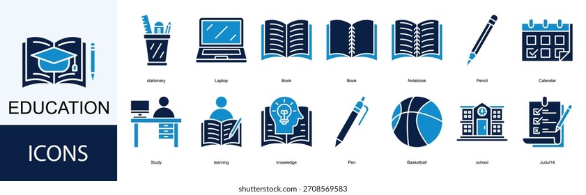 Education icon collection set. Containing Book, Notebook, Pencil, Calendar, Study icon.