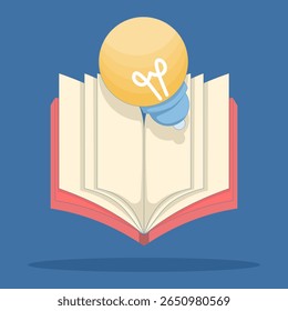 Education icon concept. Cartoon vector icon illustration of book with light bulb. Education, reading book to generate ideas, open book with idea light bulb. Flat cartoon premium vector.