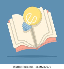 Education icon concept. Cartoon vector icon illustration of book with light bulb. Education, reading book to generate ideas, open book with idea light bulb. Flat cartoon premium vector.