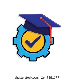 education icon. engineering learning. graduation cap on gear with check mark. smart, study, clever. isometric design style