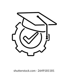 education icon. engineering learning. graduation cap on gear with check mark. smart, study, clever. outline design style