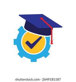 education icon. engineering learning. graduation cap on gear with check mark. smart, study, clever. flat design style