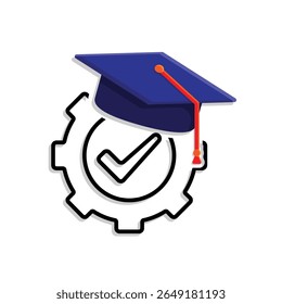 education icon. engineering learning. graduation cap on gear with check mark. smart, study, clever. mixed design style