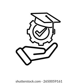 Icono de la educación. Aprendizaje de ingeniería en la mano. Gorra de graduación en el engranaje con marca de verificación. inteligente, estudio, inteligente. estilo de diseño de contorno