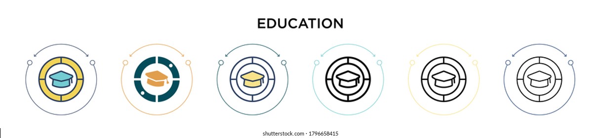 Education icon in filled, thin line, outline and stroke style. Vector illustration of two colored and black education vector icons designs can be used for mobile, ui, web
