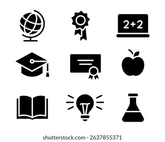 Education icon. Globe, award, laptop, graduation cap, certificate, apple, book, light bulb and flask illustration. Online study and academic learning symbol.