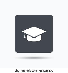 Education icon. Graduation cap symbol. Gray square button with flat web icon. Vector