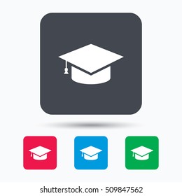 Education icon. Graduation cap symbol. Colored square buttons with flat web icon. Vector