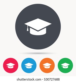 Education icon. Graduation cap symbol. Colored circle buttons with flat web icon. Vector