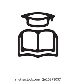 Education icon, graduation hat with book. Simple design. Line vector. Isolate on white background.