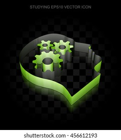 Education icon: Green 3d Head With Gears made of paper tape on black background, transparent shadow, EPS 10 vector illustration.