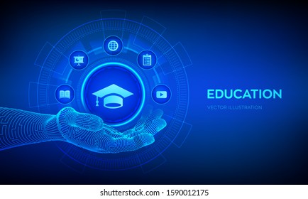 Education icon in hand. Innovative online e-learning and internet technology concept. Webinar, knowledge, online training courses. Skill development. Vector illustration.