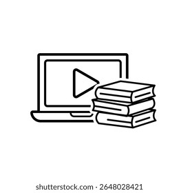 education icon. education laptop. open laptop with play button and stack of books. smart, learning, clever. outline design style