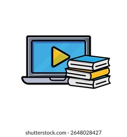 education icon. education laptop. open laptop with play button and stack of books. smart, learning, clever. isometric design style