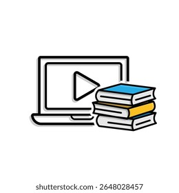 education icon. education laptop. open laptop with play button and stack of books. smart, learning, clever. mixed design style