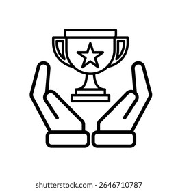 education icon. learning result or trophy in two hand. gold trophy with star in the middle. smart, learning, clever. Outline design style