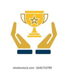 education icon. learning result or trophy in two hand. gold trophy with star in the middle. smart, learning, clever. Flat design style
