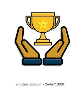 education icon. learning result or trophy in hand. gold trophy with star in the middle. smart, learning, clever. Mixed design style
