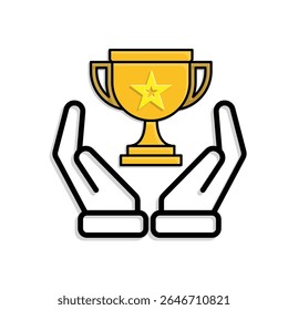 education icon. learning result or trophy in two hand. gold trophy with star in the middle. smart, learning, clever. Mixed design style