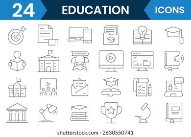 Ícone de educação e conjunto de vetores de ícones de linha fina de aprendizagem. Universidade, livro didático, aprendizagem editável, escola, colagem, livro, saco símbolo. Ilustração vetorial.