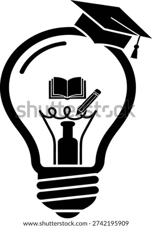 Education Icon with Light Bulb, Book, Pencil, and Graduation Cap