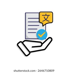 education icon. literature in hand. paper or article with multi language. smart, learn, clever. Mixed design style