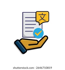 education icon. literature in hand. paper or article with multi language symbol and check mark. smart, learn, clever. isometric design style