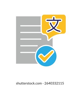 education icon. literature. paper or article with multi language symbol and check mark. smart, learn, clever. Flat design style