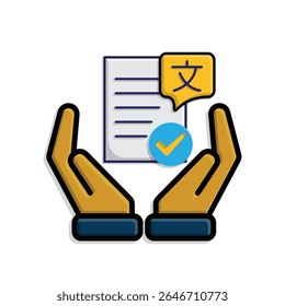education icon. literature in two hand. paper or article with multi language symbol and check mark. smart, learn, clever. isometric design style