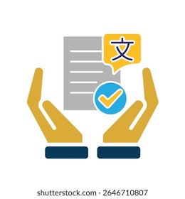 education icon. literature in two hand. paper or article with multi language symbol and check mark. smart, learn, clever. Flat design style