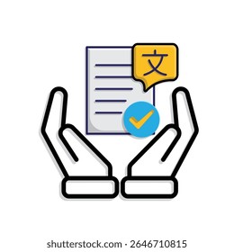 education icon. literature in two hand. paper or article with multi language symbol and check mark. smart, learn, clever. Mixed design style
