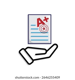 education icon. Live Grade and Report Card in hand. A plus grade sheet with a stamp icon. smart, learning, clever. Mixed design style