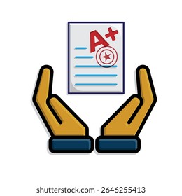 education icon. Live Grade and Report Card in hand. A plus grade sheet with a stamp icon. smart, learning, clever. isometric design style