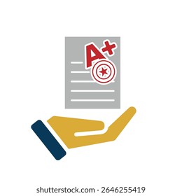 education icon. Live Grade and Report Card in hand. A plus grade sheet with a stamp icon. smart, learning, clever. Flat design style