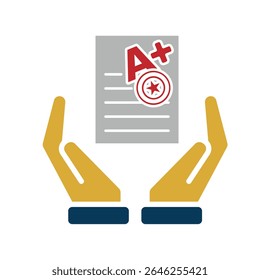 education icon. Live Grade and Report Card in hand. A plus grade sheet with a stamp icon. smart, learning, clever. Flat design style