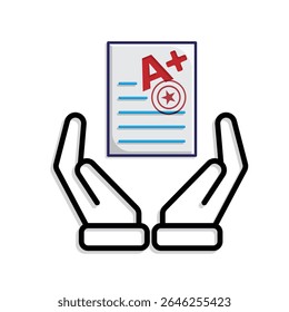 education icon. Live Grade and Report Card in hand. A plus grade sheet with a stamp icon. smart, learning, clever. Mixed design style