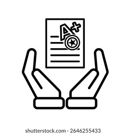 education icon. Live Grade and Report Card in hand. A plus grade sheet with a stamp icon. smart, learning, clever. Outline design style